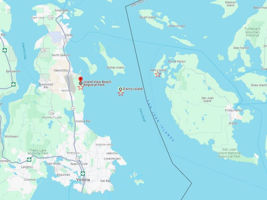 <who>Photo Credit: Google Maps</who>The men were reportedly kayaking from D'Arcy Island to Island View Beach when they went missing on Saturday. Their tandem kayak has been found just off Henry Island.