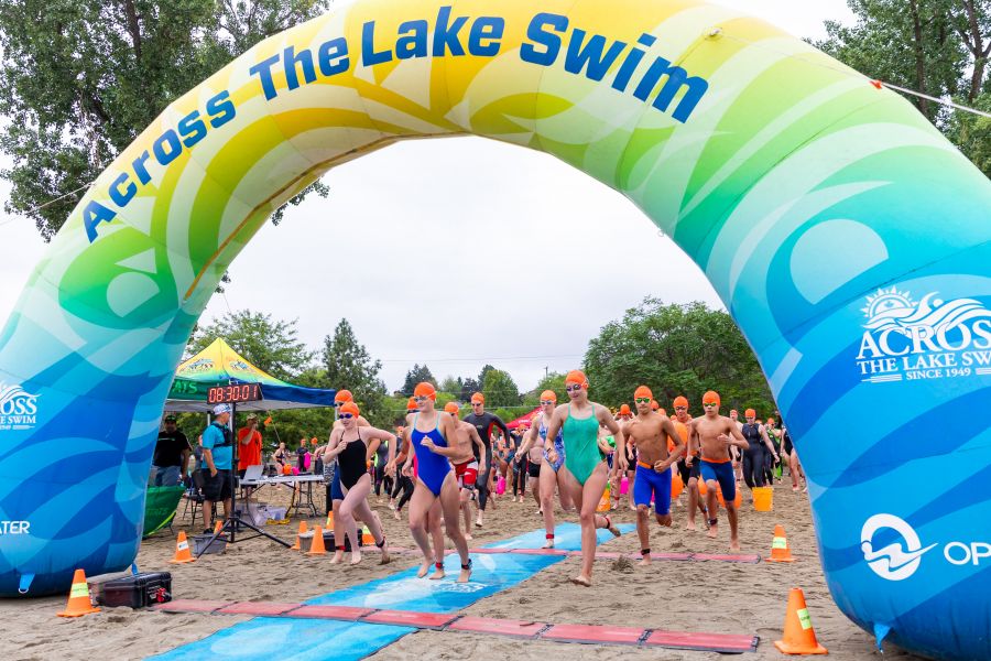 <who>Photo Credit: NowMedia/Gord Goble</who> Scene from 2024 Across the Lake Swim: Kalamalka Lake