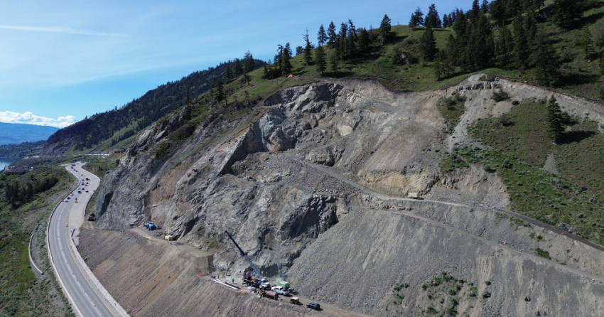 <who> Photo Credit: BC Ministry of Transportation </who> A view of North Bench landslide on June 3, 2024, almost a year after the initial landslide in August 2023.