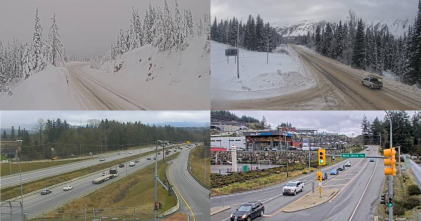 <who> Photo Credit: DriveBC </who> A view of the cameras at the Paulson Summit (top left), the Pine Pass (top right), Hwy 1 at 216 St. through Langley (bottom left) and Hwy 14 at West Shore Parkway (bottom right).