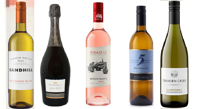 </who>Some of the wines on Okanagan Vintners Exchange's list include, from left, Sandhill Sauvignon Blanc, Mission Hill Reserve Brut sparkling, Road 13 Honest John Rose, Mission Hill Five Vineyards Pinot Grigio and Tinhorn Creek Chardonnay.