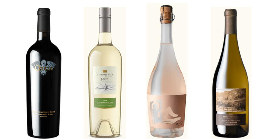 </who>A line up of Mission Hill wines, including the first red wine to get a perfect 100-point score in Canada -- Oculus, left -- REserve Sauvignon Blanc, Exhilaration Brut and Jagged Rock Chardonnay.