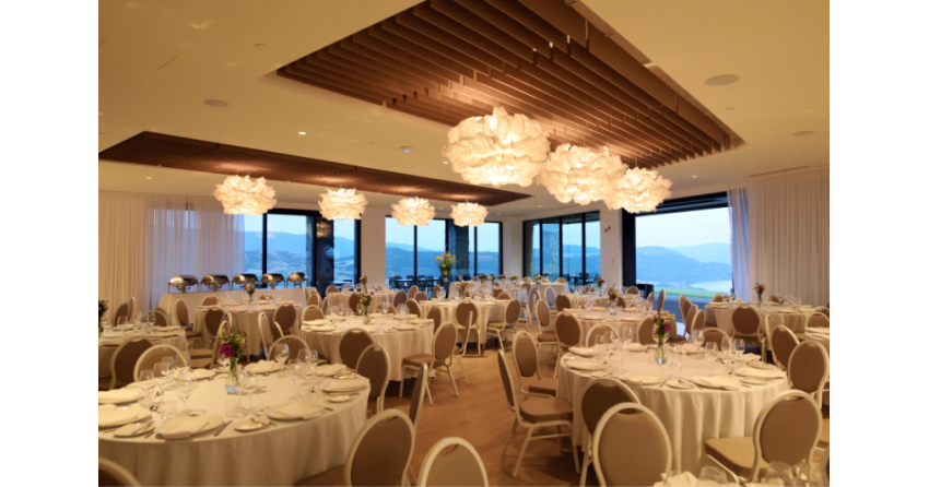 <who>Photo credit: The Rise Resort</who>The 200-person-capacity Stellar banquet room can be used for weddings, corporate events and meetings.