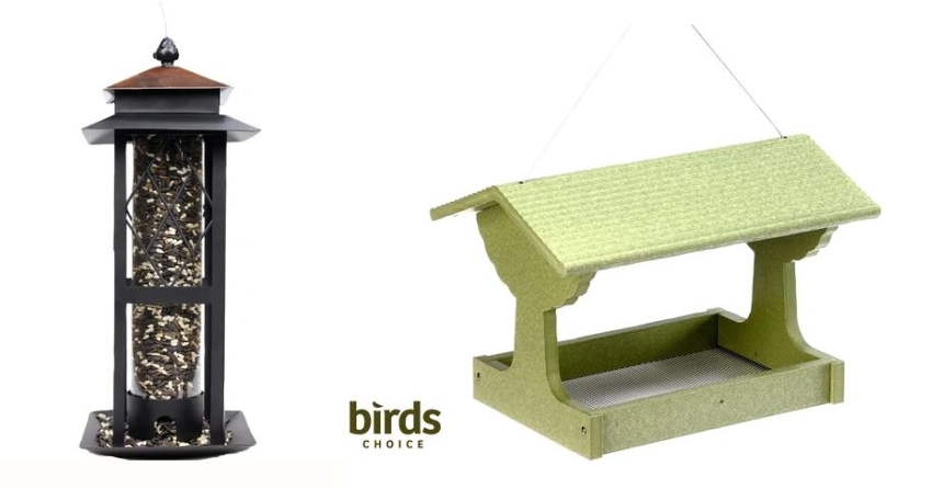 <who>Photo credits: Buckerfield's</who>There are two main types of bird feeders. The gravity-fed tube feeder, left, and the platform feeder, right.