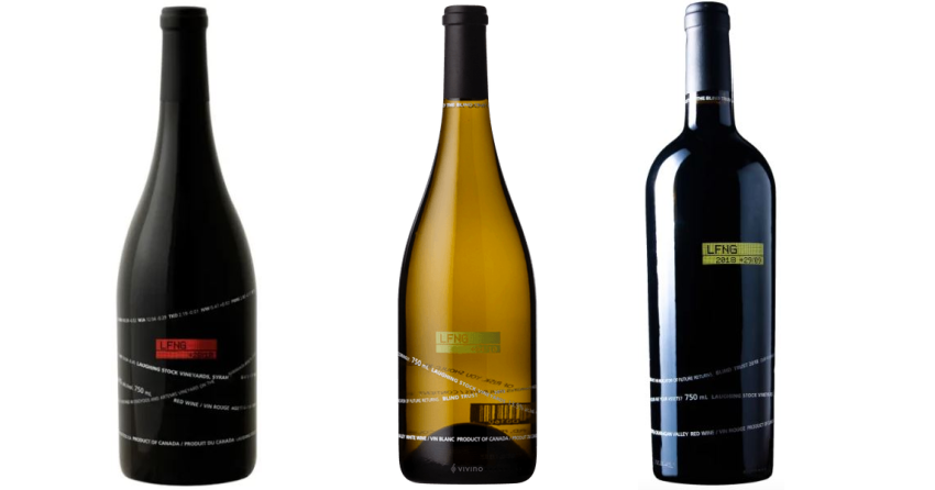 </who> From left, the 'wine of the year' Laughing Stock 2023 Syrah ($45) and BC Top 50 wines Blind Trust White 2024 ($33) and Blind Trust Red 2023 ($35).