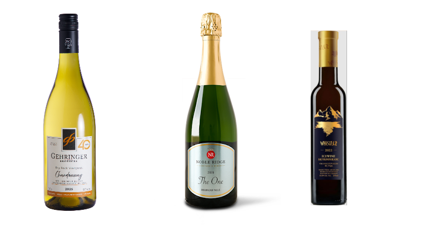 </who>Three other 'wine of the year' trophy winners from the Okanagan. From left, Gehringer Brothers 2025 Dry Rock Vineyard Unoaked Chardonnay ($20), Noble Ridge 2019 The One sparklilng ($40) and Bench 1775 2022 Whistler Sauvignon Blanc icewine ($38 for 200ml bottle).