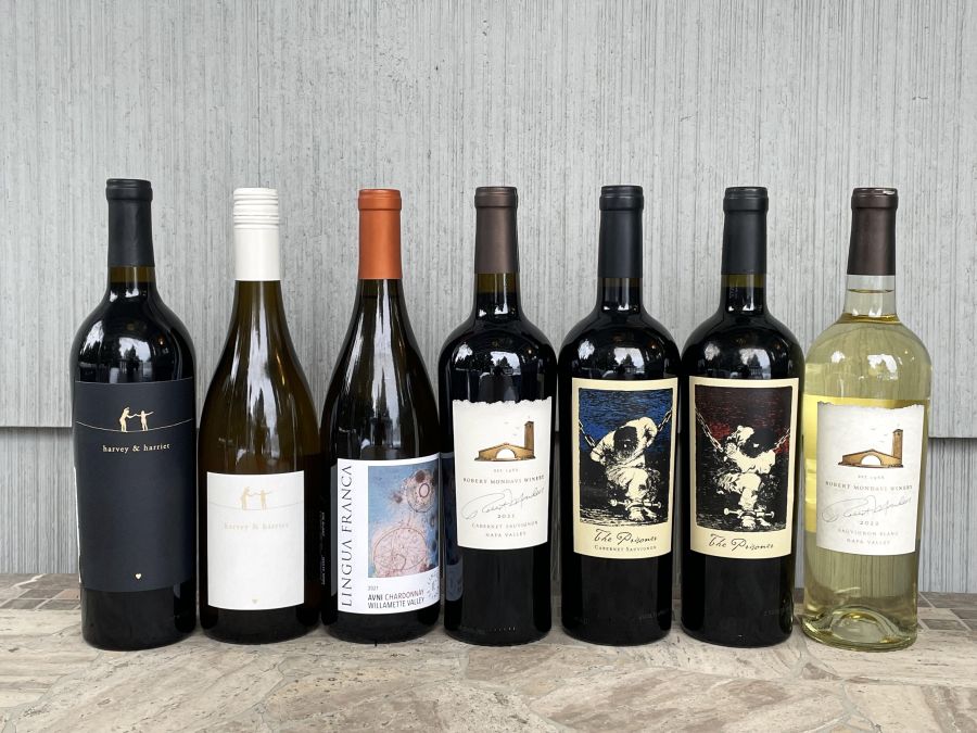 <who>Photo credit: Steve MacNaull/NowMedia Group</who>These West Coast USA wines will be poured at the Vancouver International Wine Festival. From left, Harvey & Harriet 2021 Red Blend ($50), Harvey & Harriet 2022 White Blend ($29), Lingua Franca Avni 2021 Chardonnay ($60), Robert Mondavi 2021 Cabernet Sauvignon ($50), The Prisoner 2021 Cabernet Sauvignon ($64), The Prisoner 2021 Red Blend ($70) and Robert Mondavi 2022 Sauvignon Blanc ($32).