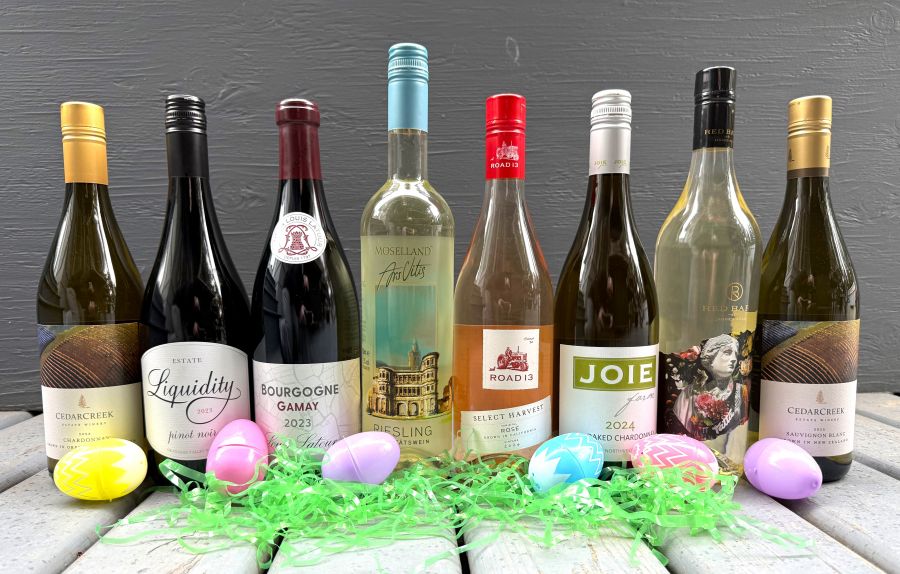 </who>Easter ready. From left, CedarCreek 2024 Chardonnay ($26), Liquidity 2023 Pinot Noir ($35), Louis Latour Bourgogne Gamay 2023 ($31), Moselland Ars Vitis Mosel Riesling 2024 ($17), Road 13 Select Harvest 2024 Rose ($28), Joie Pacific Nortwest Edition 2024 Un-oaked Chardonnay ($25), Red Barn 2025 Lost Art Semillon ($30) and CedarCreek 2025 Sauvignon Blanc ($25).