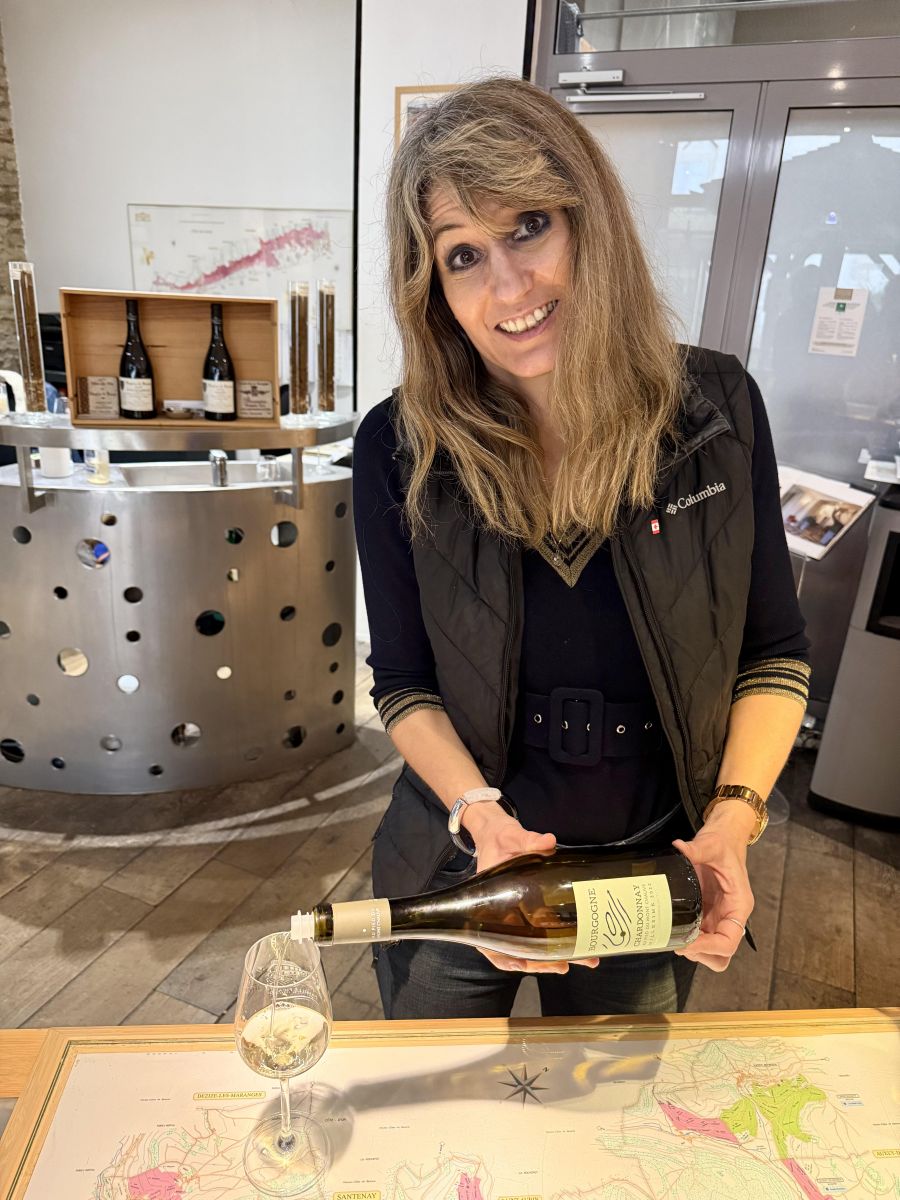 </who>Tasting room manager Helene Roux pours the 2024 Bourgogne Chardonnay at Chateau Famille Picard.