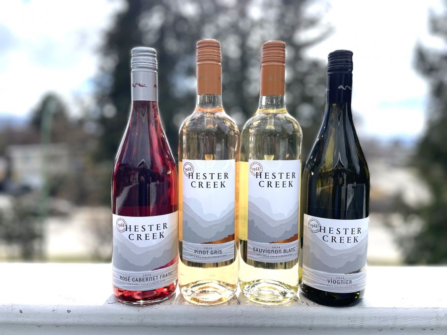 <who>Photo credit: Steve MacNaull/NowMedia Group</who>Hester Creek Estate Winery has released four Columbia Valley Collection wines so far. They are, from left, 2024 Rose of Cabernet Franc ($23), 2024 Pinot Gris ($20), 2024 Sauvignon Blanc, ($20) and 2024 Viognier ($24).