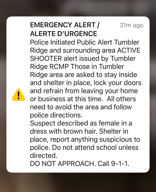 <who> Photo credit: Contributed </who> The alert sent out during the shootings.