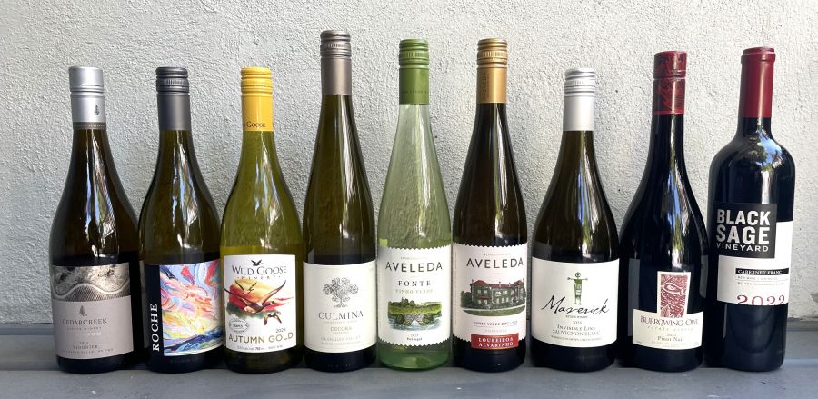 </who>Your National Wine Day line up. From left, CedarCreek 2023 Viognier ($42), Roche 2024 Artist Series Pinot Blanc ($27), Wild Goose 2024 Autumn Gold ($20), Culmina Decora Riesling 2022 ($23), Aveleda Font Vinho Verde 2023 ($14), Aveleda 2023 Vinho Verde DOC ($17), Maverick 2024 Invisible Line Sauvignon Blanc ($26), Burrowing Owl 2023 Pinot Noir ($45) and Black Sage 2022 Cabernet Franc ($33).