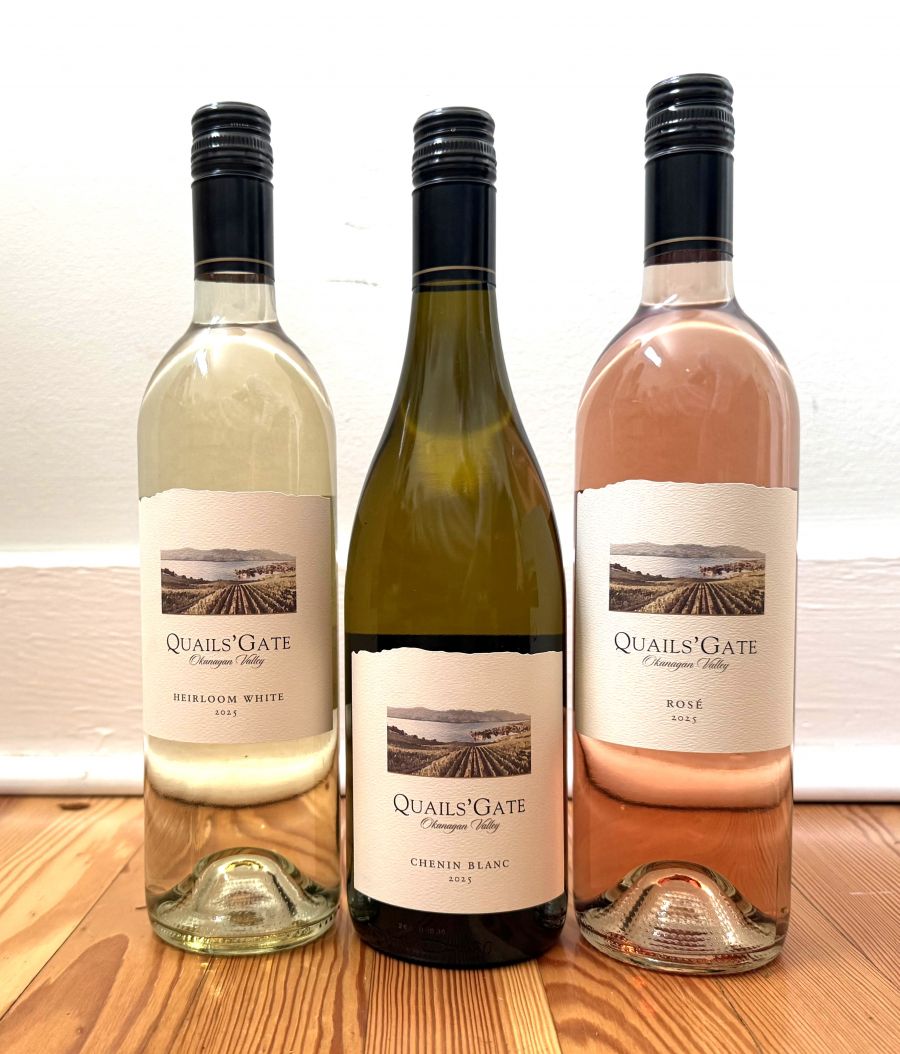 </who>Ideal from Quails' Gate for BC Wine Month sipping. From left, 2025 Heirloom White ($24), 2025 Chenin Blanc ($27) and 2025 Rose ($24).