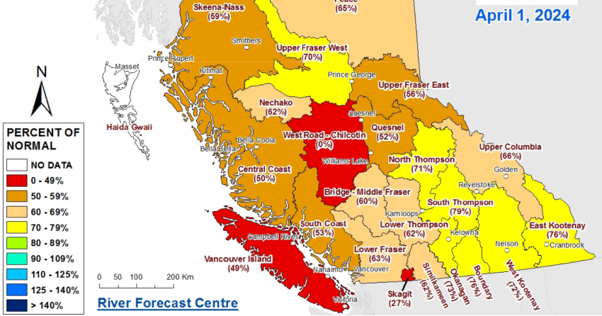 <who> Photo Credit: Province of BC </who> The snowpack levels as of April 1, which are at 73% in the Okanagan.