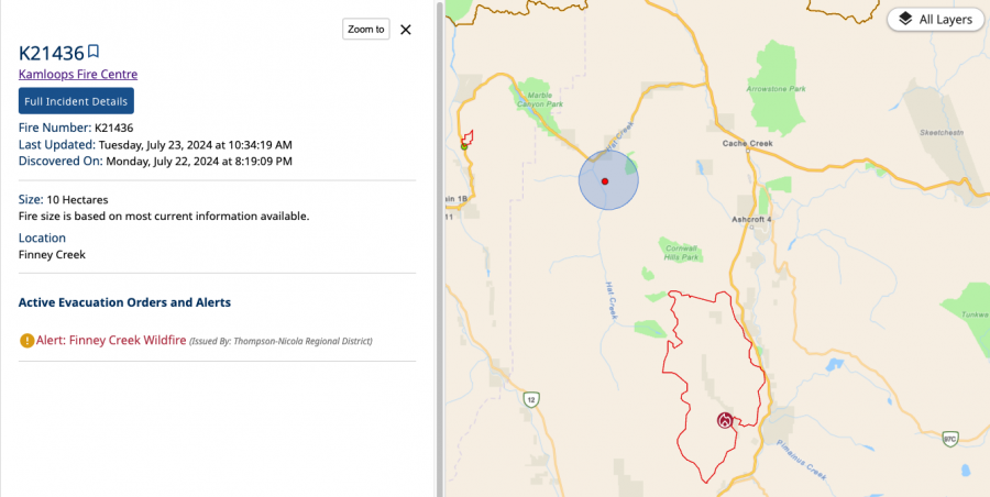 <who> Photo Credit: BCWS </who> A map of where a new fire is burning west of Cache Creek and north of the Shetland Creek fire.