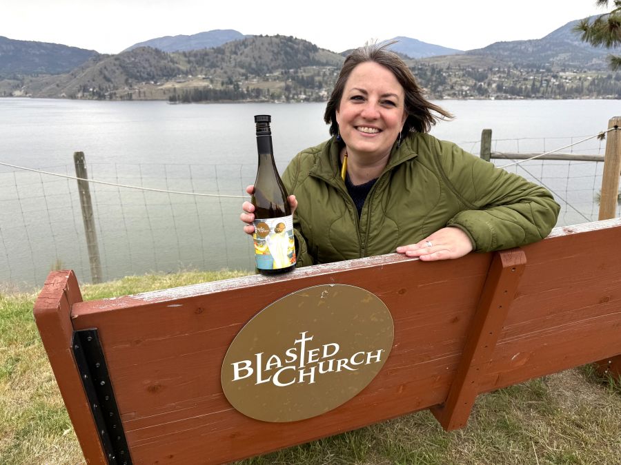 </who>General manager Sheila Whittaker at the bench on the Skaha Bench along the pilgrimage trail.