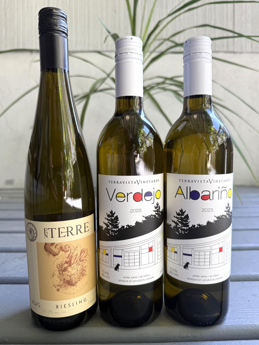 </who>Three new releases from Terravista Vineyards on the Naramata Bench. From left, En Terra 2025 Riesling ($30), 2025 Verdejo ($31) and 2025 Albarino ($31).