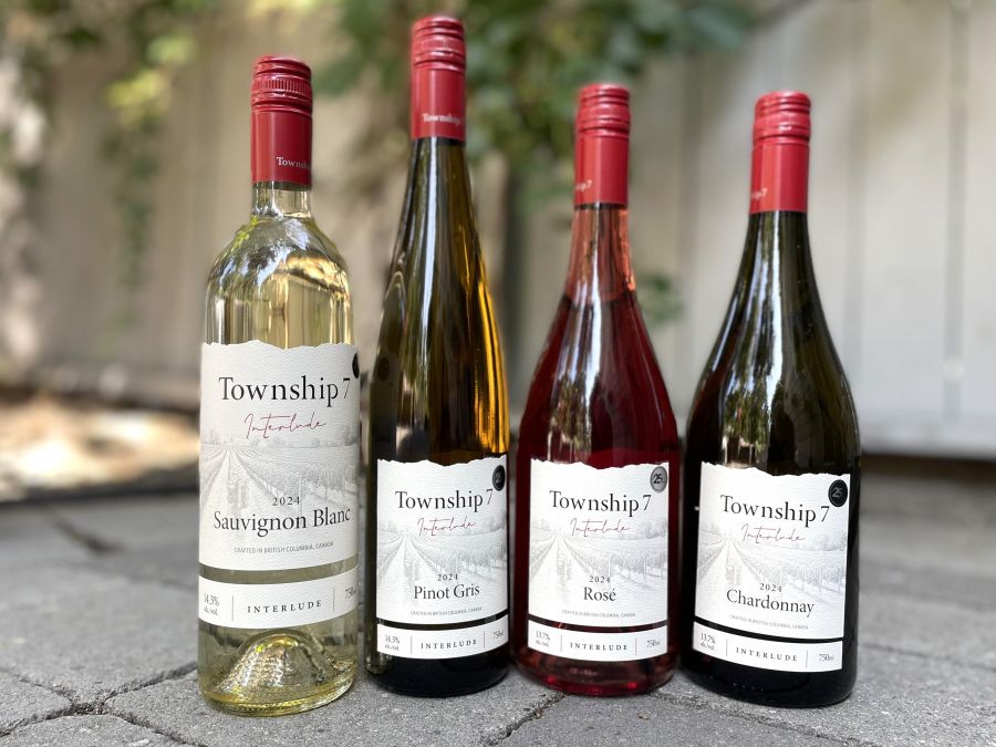 </who>Township 7's 'Interlude' wines made of grapes from Washington state and California. From left, 2024 Sauvignon Blanc ($27), 2024 Pinot Gris ($27), 2024 Rose ($30) and 2024 Chardonnay ($28).