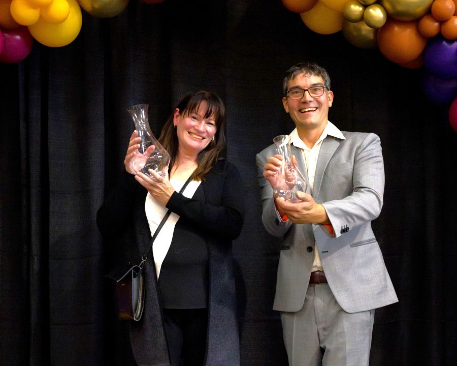 </who>Township 7 winemaker Mary McDermott, left, accepts the 'wine of the year' trophy at the BC Wine Awards in Penticton last night.