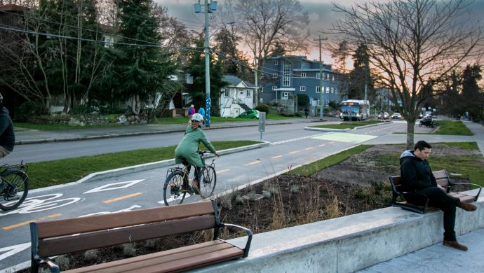 <who>Photo credit: City of Victoria</who> A protected bike lane in Victoria.