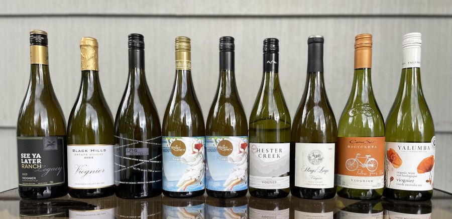 <who>Photo credit: Steve MacNaull/NowMedia Group</who>Excellent examples of Viognier. From left, See Ya Later Ranch 2023 Legacy ($28), Black Hills 2022 ($35), Laughing Stock 2022 ($28), Blasted Church 2023 ($24), Blasted Church 2024 ($24), Hester Creek 2024 Columbia Valley Collection ($24), Stags' Leap 2022 ($55), Cono Sur Bicicleta Reserva 2024 ($13) and Yalumba Organic 2021 ($28).