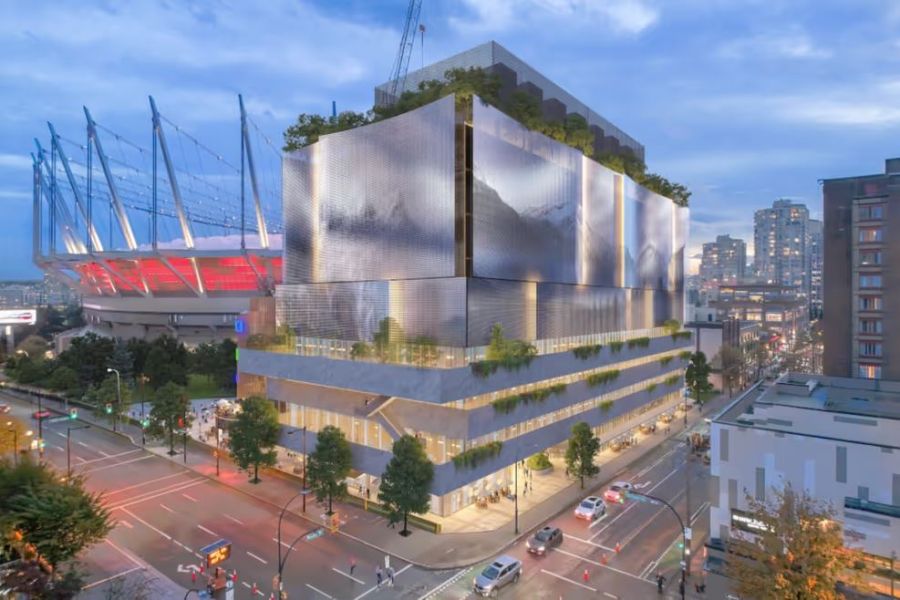 <who>Photo Credit: TELUS</who>A rendering of the 10-storey Telus AI data centre near BC Place.