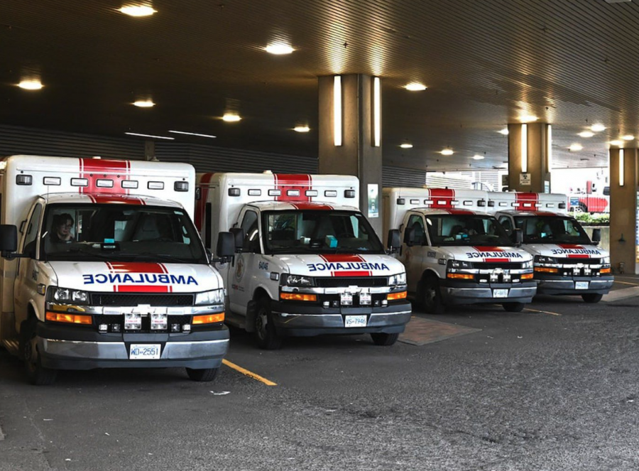 <who> Photo credit: Michelle Gamage, Local Journalism Initiative </who> The ambulance bay at Vancouver General Hospital. Vancouver has the highest number of paramedic calls for overdoses in the province.