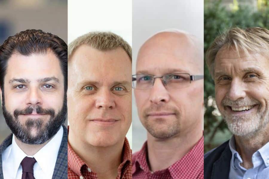 <who> Photo Credit: UBC</who> The professors behind the lawsuit are (from left) Brad Epperly, Andrew Irvine, Chris Kam, and Michael Treschow.