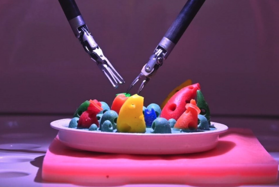 <who> Photo credit: Abby Luciano / North Shore News </who> This closeup view shows the robotic instruments at work.