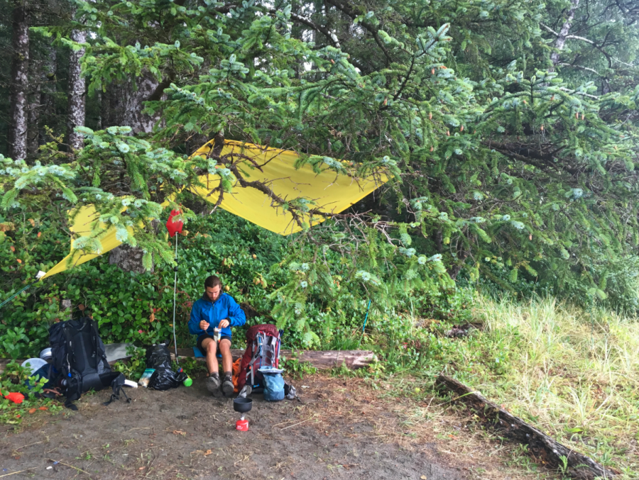 <who> Photo credit: LJI </who> A hiker shelters under a tarp in a forested area near San Josef Bay.