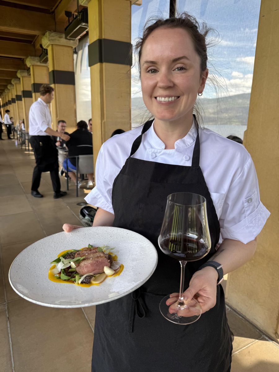 </who>Chef de cuisine Heather Brumwell shows off the main course roasted duck at the Terrace restaurant.