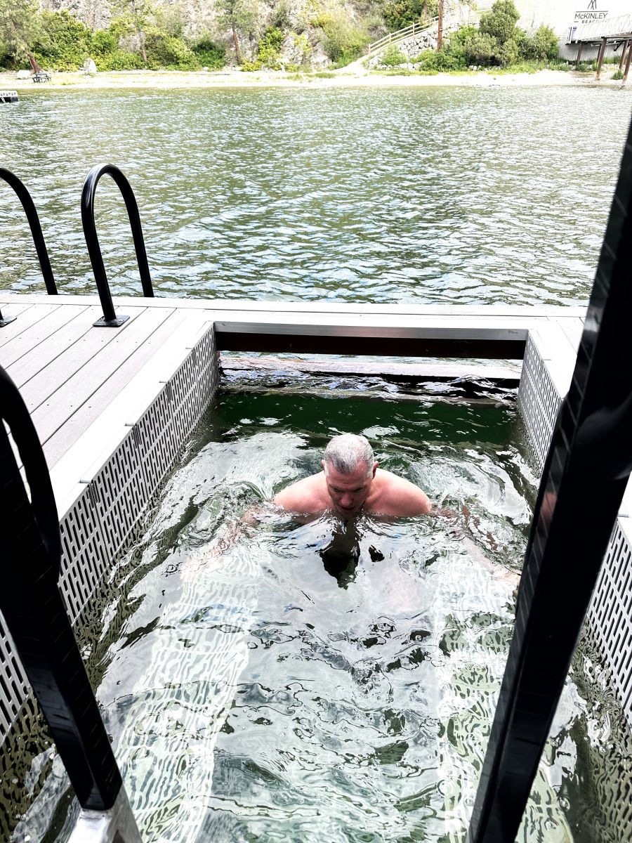 <who>Photo credit: Kerry MacNaull</who>The cold plunge can be in the floating sauna's outdoor grated pool or adjacent Okanagan Lake.