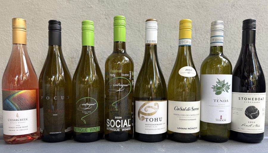 <who>Photo by Steve MacNaull/NowMedia Group</who>Eight wines to transition you seamlessly from summer to fall. From left, CedarCreek 2024 Pinot Noir Rose ($26), Intrigue 2024 Focus Riesling ($26), Intrigue 2024 Riesling ($23), Intrigue 2024 Social White ($22), Tohu 2023 Sauvignon Blanc ($23.50), Umami Ronchi Casal Serra Organic 2023 Verdicchio ($20), Tedeschi Capitel Tenda 2022 Soave Classico ($25) and Stoneboat 2022 Pinot Noir ($30).