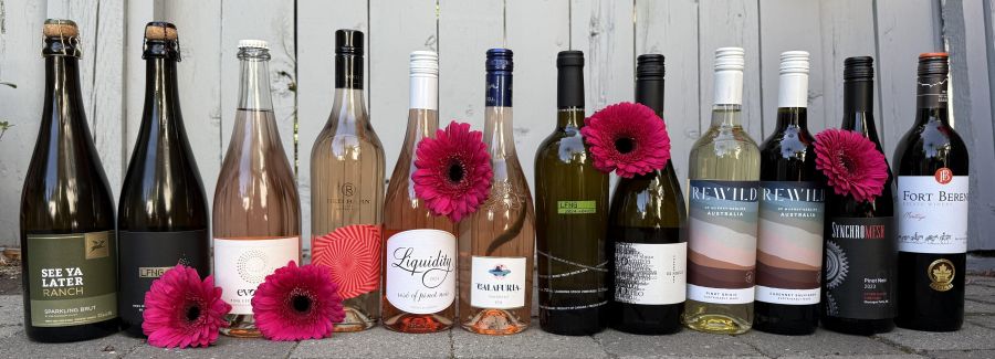 <who>Photo credit: Steve MacNaull/NowMedia Group</who>Pair Mom with one or more of these wines this Mother's Day weekend. From left, See Ya Later Ranch Sparkling Brut ($25), Laughing Stock Market Bubble 2021 ($40), Evolve Pink Effervescence ($25), Red Barn 2024 Transfiction Rose ($25), Liquidity Rose of Pinot Noir 2024 ($36), Calafuria Salento 2024 Rose ($27), Laughing Stock 2024 Blind Trust White ($33), Ex Nihilo 2025 Chardonnay ($32), Rewild Pinot Grigio ($16), Rewild Cabernet Sauvignon ($16), Synchomesh 2023 Storm Haven Vineyard Pinot Noir ($40) and Fort Berens 2022 Meritage ($31).
