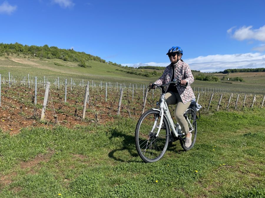 <who>Credit for all other photos: Steve MacNaull/NowMedia Group</who>Cycling through Pinot Noir vineyards in Givry.