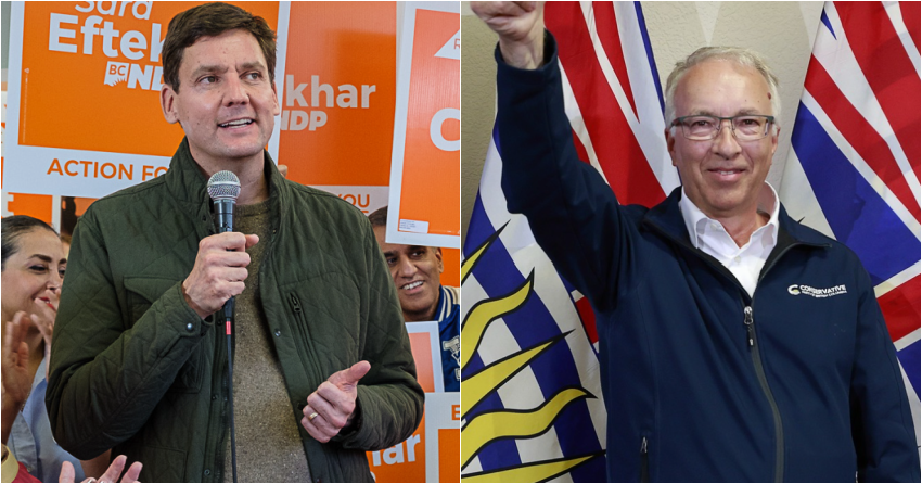 <who> Photo credit: BC NDP/BC Conservatives </who> David Eby (left) and John Rustad.