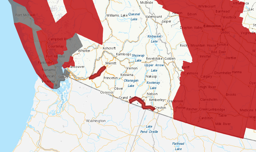 <who> Photo credit: Environment Canada </who> Weather warnings (red) this morning.