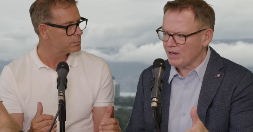 <who> Photo credit: KelownaNow </who> Kevin Falcon (right) repeatedly said the polls showing his party's decline in popularity were irrelevant. Pictured left: Kent Molgat.