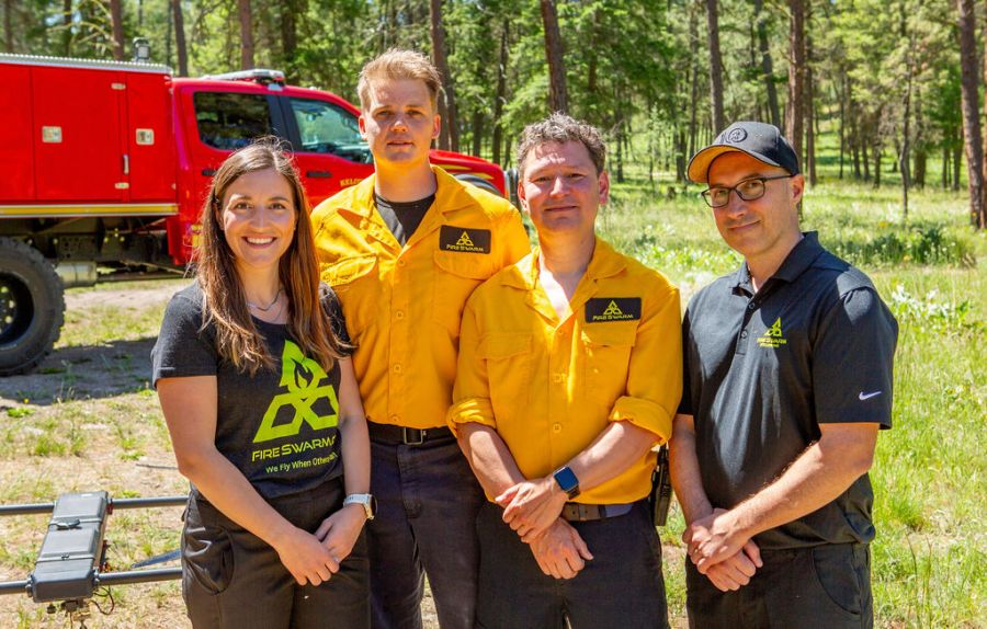 <who>Photo Credit: FireSwarm Solutions</who>Part of the FireSwarm team in the field -- (L to R) Operations Coordinator Katie Baer, Director of Technical Solutions Jacob Lagercrantz, Founder and COO David Thahn, Founder and CEO Alex Deslauriers