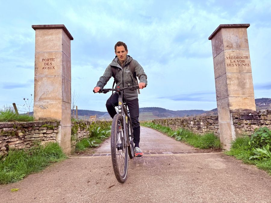 </who>Active Tours co-owner and guide cycles through vineyard gates on a tour along the Voie des Vignes.