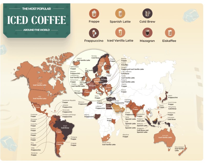 <who>Map credit: Coffeeness</who>Iced coffee preferences vary around the world.