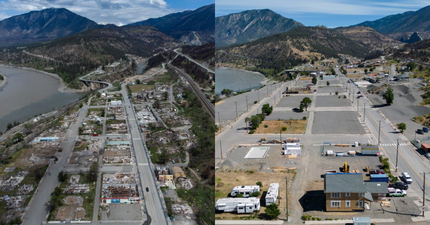 <who>Canadian Press</who>Lytton shortly after the 2021 wildfire (L) and three years later (R).