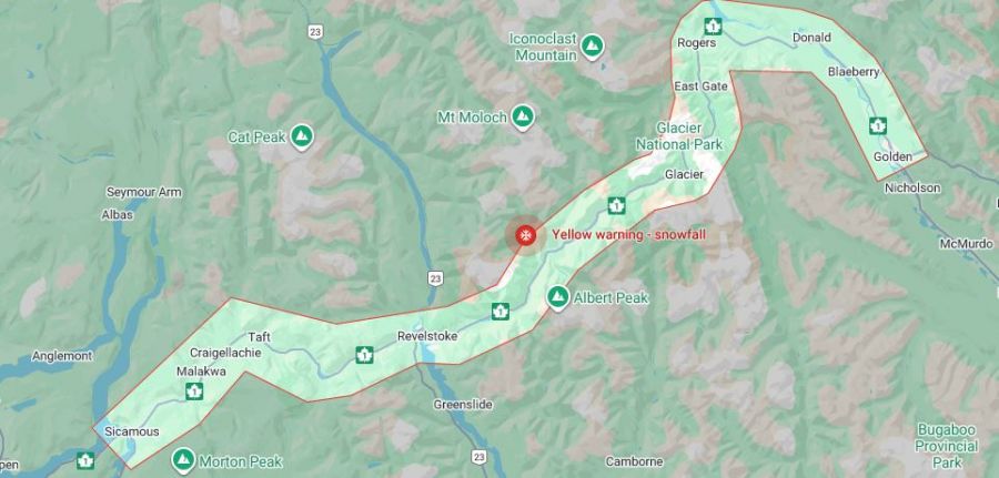 <who>Photo credit: Google Maps</who>A Google Map showing the area along the Trans-Canada Highway 1 subject to a yellow snowfall warning on Friday.
