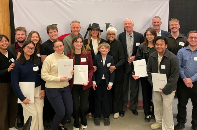 <who>Photo Credit: Contributed</who>Group photo from the announcement event held Feb. 23 at Okanagan College, and the new Hall School of Business and Entrepreneurship logo.