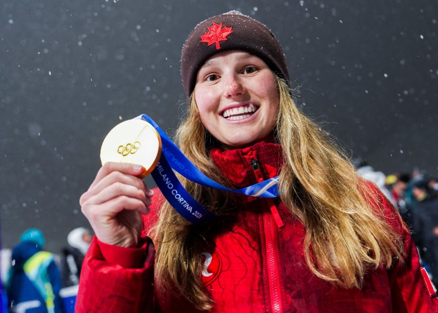<who>Photo Credit: Team Canada/X</who>Megan Oldham poses with her gold medal on Monday.