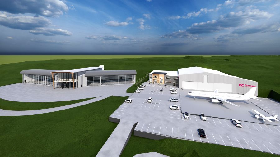 <who>Photo credits: KF Aerospace and Okanagan College</who>This drawing shows what the new Okanagan College aerospace campus will look like. The campus is on the right and the existing KF Centre for Excellence is on the left.