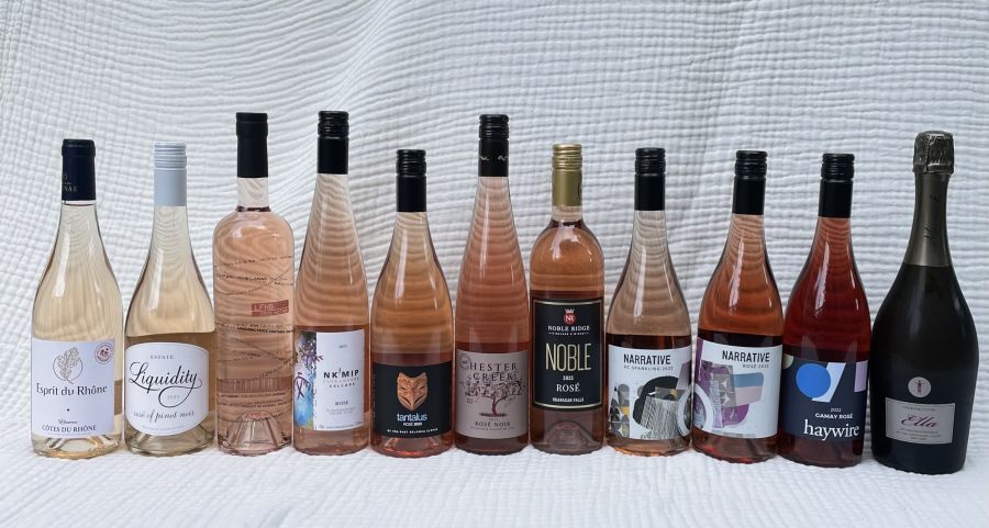 <who>Photo credit: Steve MacNaull/NowMedia Group</who>Rose for Canada Day, from left, Maison Sinnae Esprit du Rhone Rose 2022 ($24), Liquidity Estate Rose 2023 ($30), Laughing Stock 2023 Rose ($25), Nk'Mip 2023 Rose ($30), Tantalus 2023 Rose ($24), Hester Creek 2023 Rose Noir ($28), Noble Ridge 2023 Rose ($25), Narrative XC Sparkling 2022 ($27), Haywire 2022 Gamay Rose ($28) and Maverick Premier Cuvee Sparkling Rose Brut ($35).