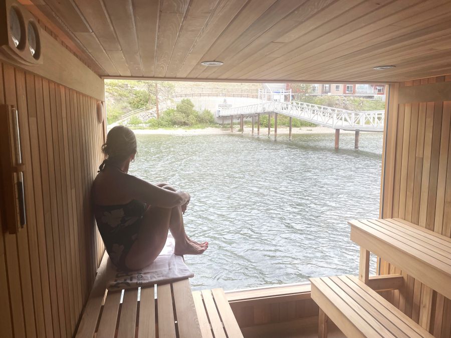 <who>Photo credit: Steve MacNaull/NowMedia Group</who>The seven-person sauna has a massive picture window to the view.