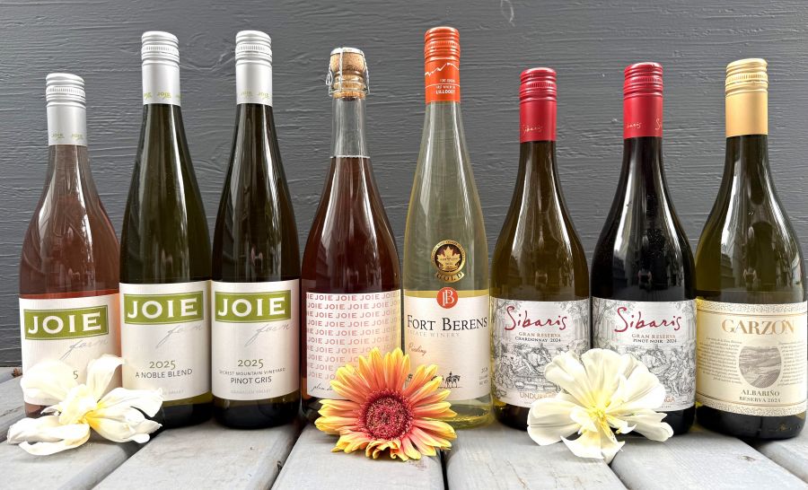 </who>Welcome spring with these wines from Naramata, Lillooet, Chile and Uruguay, yes, Uruguay. From left, Joie 2025 Rose ($26.50), Joie 2025 A Noble Blend ($26.50), Joie 2025 Pinot Gris ($26.50), Joie 2023 Plein de Vie sparkling ($31.30), Fort Berens 2024 Lillooet Rieslilng ($24), Sibaris Gran Reserva 2024 Chardonnay ($20), Sibaris Gran Reserva 2024 Pinot Noir ($18) and Garzon 2024 Reserva Albarino ($23).