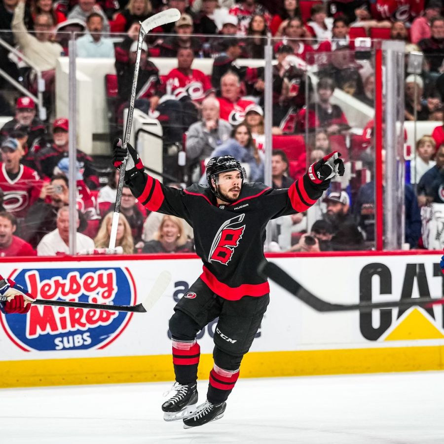 <who>Photo Credit: Carolina Hurricanes/Facebook</who>Logan Stankoven celebrates a goal against the Montreal Canadiens in game 5 of the Eastern Conference final.